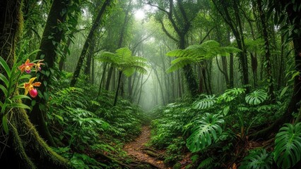 A mystical and winding path meanders through a dense, vibrant tropical rainforest, shrouded in a soft, ethereal mist, creating an enchanting and secluded natural escape