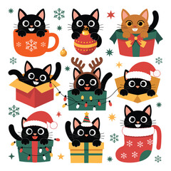 Nine cartoon cats in festive holiday settings with Christmas decorations kitten black cat