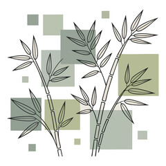 Minimalist line art bamboo stalks with muted green squares background plant stem