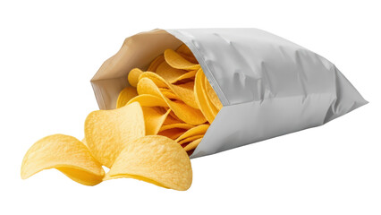 Crunchy potato chips spilling from an open blank bag on white isolated on transparent background
