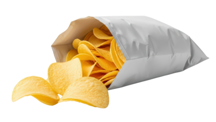 Crunchy potato chips spilling from an open blank bag on white isolated on transparent background