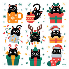 Nine cute black cats in Christmas themed settings and outfits kitten holiday