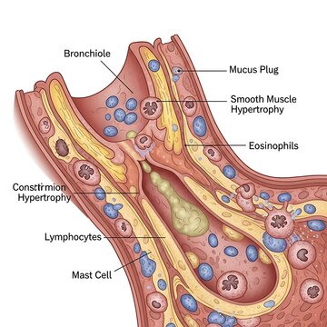 Bronchiole Cross-Section with Mucus Plug and Cellular Infiltration.