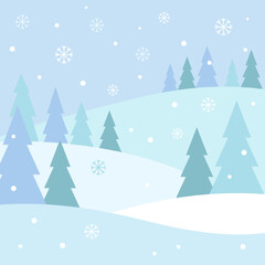 Obraz premium A serene winter landscape illustration with snowy hills and pine trees