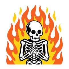 Skeleton with hands clasped in front of chest surrounded by flames fire burning