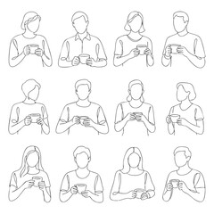 Twelve Line Art Figures Holding Coffee Cups in a Grid Layout illustration people