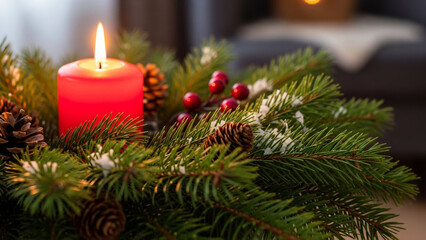Close up of a vibrant red candle glowing amidst a festive christmas wreath of snowy pine branches, natural pinecones, and red berries, symbolizing holiday warmth and tradition.