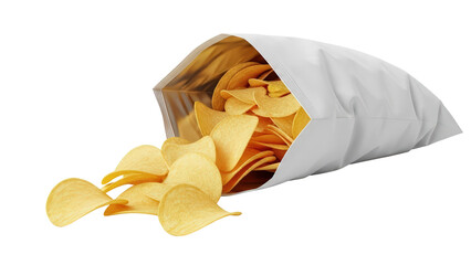 Crispy golden potato chips spilling from a white snack bag. isolated on transparent background