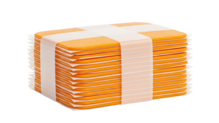 Stack of individually wrapped orange cheese slices food dairy isolated on transparent background