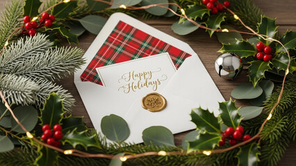 Happy holidays card in white envelope with festive plaid lining, gold snowflake wax seal, surrounded by pine, holly, red berries, jingle bell, fairy lights on wooden surface.