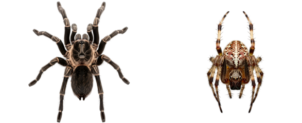 Two spiders displayed side by side showing different species and patterns of arachnids on display on transparent background