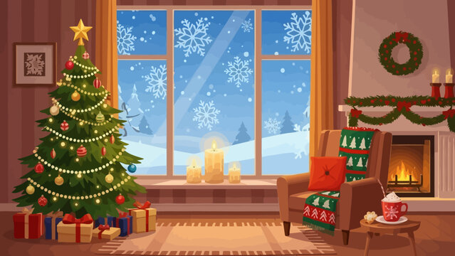 Cozy christmas interior scene with decorated tree fireplace and snowy window view