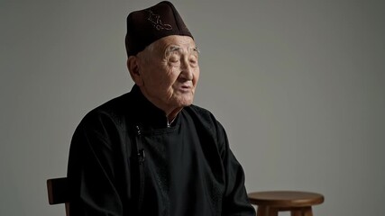 Elderly Asian Man With Traditional Hat And Black Robe Sitting In Studio With Soft Lighting
