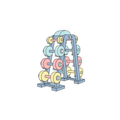 Rack of weights in a gym, workout equipment on transparent background