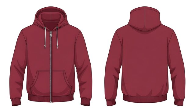 Flat vector of Man Zip Up Hoodie Mockup in wine red color