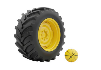 Tractor tire with yellow basketball isolated on transparent background