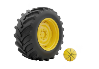 Tractor tire with yellow basketball isolated on transparent background