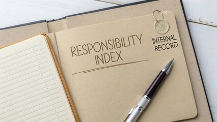 Internal Record Notebook with Responsibility Index Title and Pen on Wooden Table Detail for Business Documentation