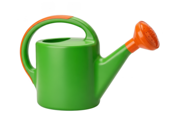Green watering can with orange accents isolated on transparent background
