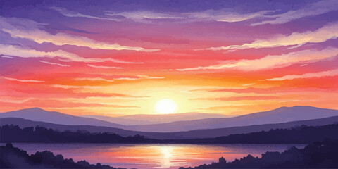 Scenic sunset landscape illustration featuring mountains and a lake perfect for backgrounds and atmospheric designs