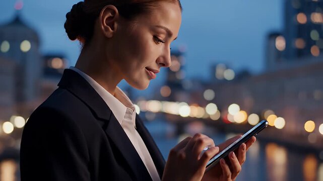 Smiling Businesswoman in Dark Suit Texting on Smartphone with Blurred City Lights at Dusk with Bokeh Effect