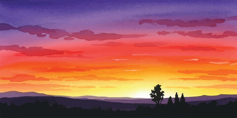 Watercolor sunset landscape illustration vibrant colors in the sky peaceful nature scene