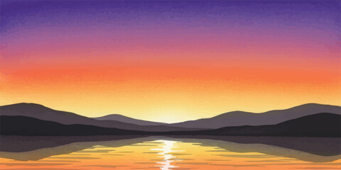 Scenic mountain range reflecting in calm water at sunset painted with watercolor creating a peaceful and serene landscape