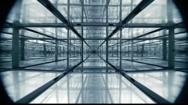 Abstract corridor with metal structure and light reflecting surfaces