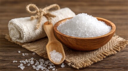 Sea salt in a wooden bowl with a scoop and a towel for spa treatment.