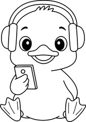 Cute Baby Duck Listening to Music with Headphones and Phone Cartoon Outline