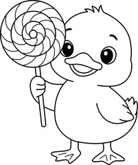 Cute Baby Duck Holding a Swirl Lollipop Cartoon Outline