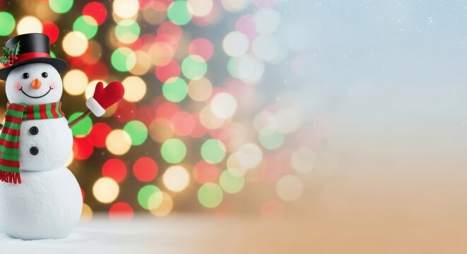 Cheerful snowman with top hat and scarf against festive christmas lights - Powered by Adobe