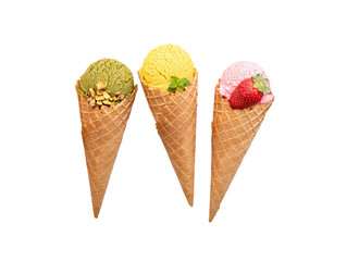Three ice cream cones isolated on transparent background