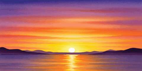 Vibrant sunset over the water with colorful sky and mountain silhouettes ideal for travel and nature themes