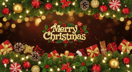 Merry christmas greeting with festive decorations and glowing lights