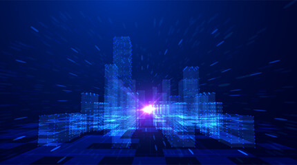 Blue violet futuristic cityscape with big data network flows vector background. Digital transformation metropolis skyline with data particles for technology presentations and fintech visualizations.