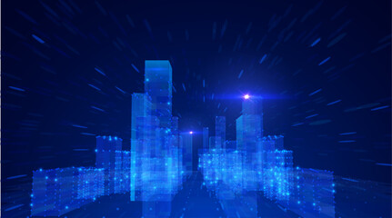 Blue violet futuristic cityscape with big data network flows vector background. Digital transformation metropolis skyline with data particles for technology presentations and fintech visualizations.