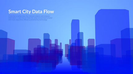 Blue violet futuristic cityscape with big data network flows vector background. Digital transformation metropolis skyline with data particles for technology presentations and fintech visualizations.