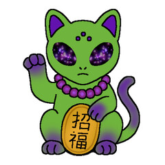Alien Maneki Neko Cat with Galaxy Eyes Illustration 