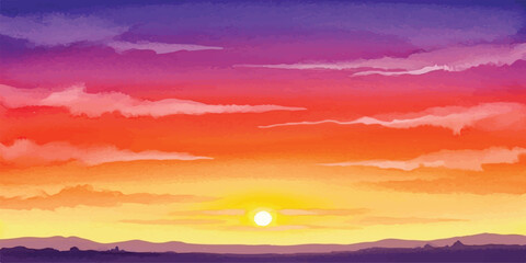Colorful sunset landscape illustration with vibrant sky and distant mountains perfect for background or wallpaper use