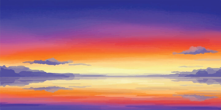 Colorful sunset over calm water vector illustration of vibrant sky and clouds reflecting perfect for backgrounds
