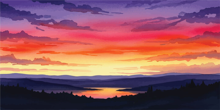 Vibrant sunset over a tranquil lake featuring colorful clouds and distant mountains ideal for travel and nature themes