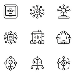 Set of nine abstract technology and network icons in outline style vector illustration