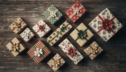 Festive Gift Boxes Arranged on Rustic Wooden Surface.