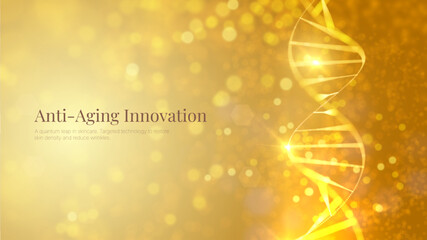 Golden DNA strand with collagen molecules glowing particles. Advanced skincare genetics biotechnology and anti-aging science concept. Luxury cosmetic medical research background.
