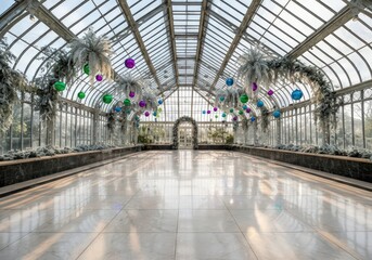 Interior view of a greenhouse with glass roof and decorations hanging from the ceiling and walls along the sides
