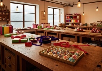 A workshop with wooden tables covered in gifts ribbons and ornaments under hanging light bulbs indoors