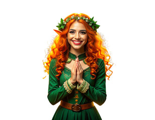  A joyful elf character dressed in green with orange hair stands, smiling with hands clasped 