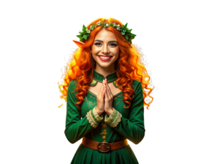 A joyful elf character dressed in green with orange hair stands, smiling with hands clasped