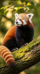 Obraz premium A charming red panda sits peacefully on a moss covered tree branch.